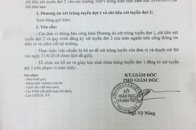 Thông báo phương án trúng tuyệt đợt 1, chỉ tiêu xét tuyển đợt 2- tuyến sinh vào lớp 10 THPT năm học 2018- 2019