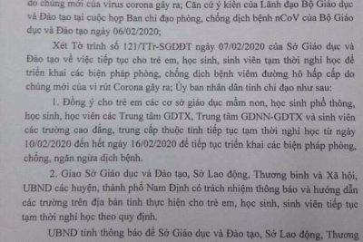 UBND tỉnh Nam Định tiếp tục cho trẻ em, HSSV tạm thời nghỉ học để phòng, chống dịch nCoV gây ra