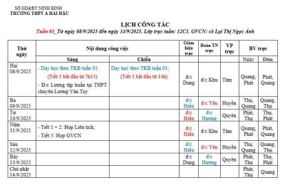 Lịch công tác tuần 1