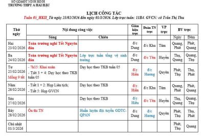 Lịch công tác tuần 5- HKII Năm học 2025- 2026