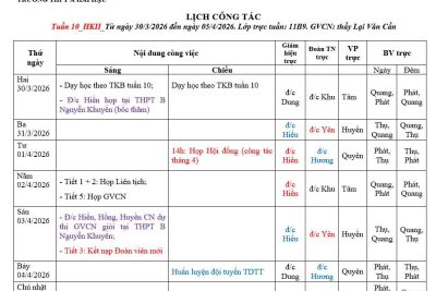 LỊCH CÔNG TÁC TUẦN 10 – HKII- NĂM HỌC 2025- 2026