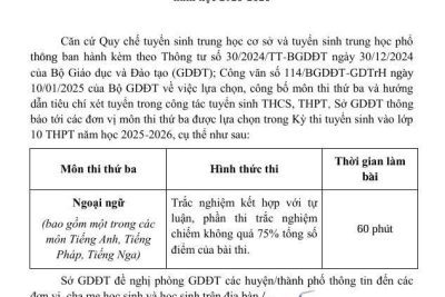 Thông báo môm thi thứ 3 tronng Kỳ thi tuyển sinh vào lớp 10 THPT năm học 2025- 2026