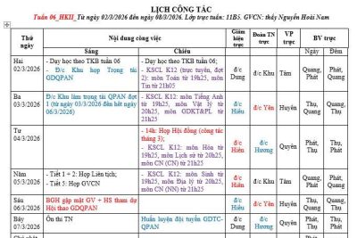 Lịch công tác tuần 6 HKII Năm học 2025- 2026